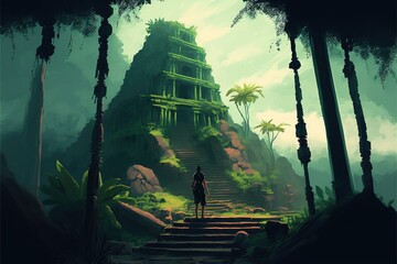 Man staying near the ancient temple. A man walks up the stairs to the abandoned temple ruins. Digital art style , illustration painting .