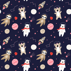 Seamless pattern with cute bear astronauts in space, planets, stars, rocket and constellation. Hand drawn vector illustration. Scandinavian style flat design. polar bear, sloth and koala.