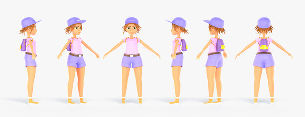 Girl character rotation animation front, side and rear view 3d render. Young contemporary woman with backpack in purple cap and shorts full body height. Cartoon female personage set - obrazy, fototapety, plakaty
