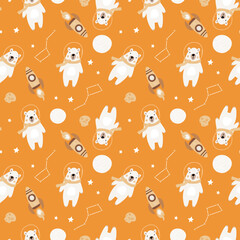 Seamless childish pattern with astronaut polar bears, planet, stars and constellation. Creative scandinavian kids texture for fabric, wrapping, textile, wallpaper, apparel.
