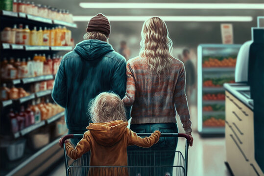 Family shopping cart in supermarket, generative ai