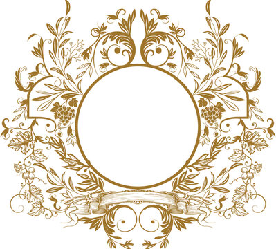 Luxury Vintage Hand Drawn Leaf Grape Wreath Frame Golden Vector. Victorian Silhouette Illustration In Modern Theme 