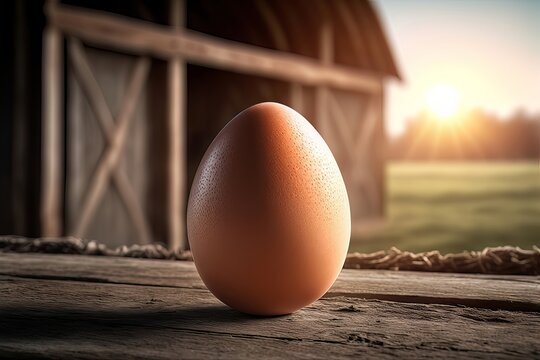 Close up of a fresh egg . Farm background at sunrise. Generated AI illustration