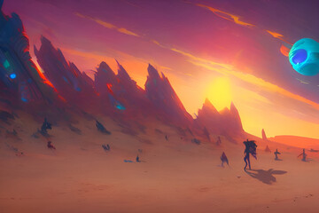 Fototapeta na wymiar Alieni nel deserto di marte al tramonto della lava infiammata, generative ai