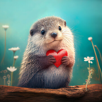 Creative, abstract, love illustration of a cute animal giving its heart as a Valentine's Day gift. Little baby otter. Illustration, Generative AI.