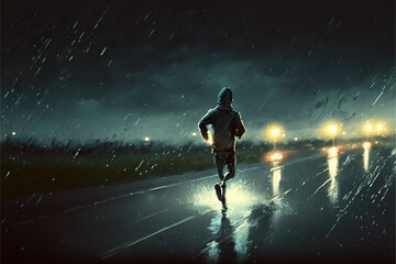 Fototapeta na wymiar A man runs at night in the rain, cardio fitness