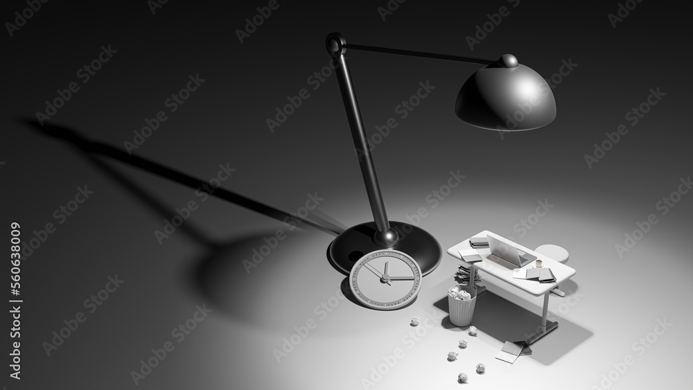 Poster work desk located under lamp stand with laptop, notebook, clock and trash can. minimal idea concept,