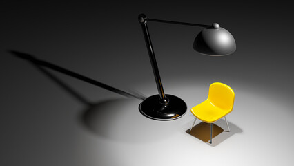 Yellow chair Located under lamp stand. Minimal idea concept, 3D Render.