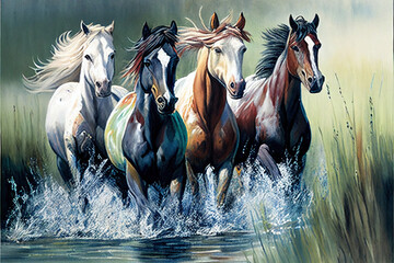 Four Horses of  Varying Colors Continue to Dash in Different Directions, Across the Verdant Grass Field,  Watercolor Painting - Generated AI