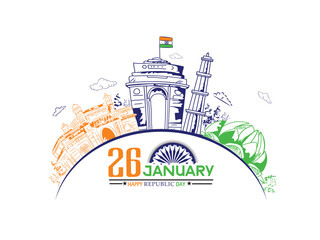 26 January Happy Republic Day of India celebration with flag, India gate, indian monuments