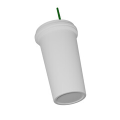 Coffee Plastic Cup with Cap and Straw 3D Rendering PNG