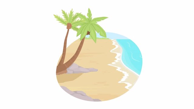 Animated seaside tropical resort. Beach with palms. Looped flat 2D seascape HD video footage. Colorful isolated animation on white background with alpha channel transparency for website, social media