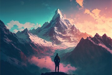 Man on the mountain. Man standing on a hill looking at the strange mountain. Digital art style , illustration painting .