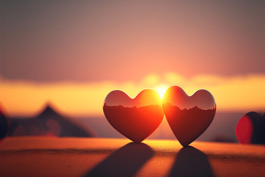 Hearts flying on sunset sky with bokeh sunlight abstract background. Love and valentine day concept. Generative AI