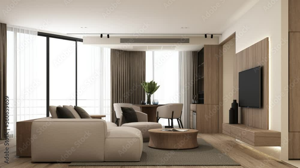 Poster animation of a modern and minimal living room, presenting the same interior in different color versi