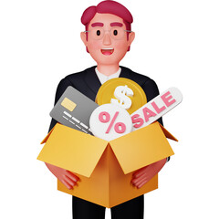 3d business character holding sale disocunt box illustration
