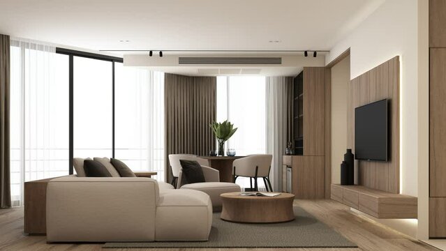 Animation of a modern and minimal living room, presenting the same interior in different color versions with changing decors and finishing materials. 3D rendering animation looped.