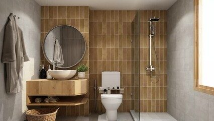 Animation of a modern and minimal bath room or toilet, presenting the same interior in different color versions with changing decors and finishing materials. 3D rendering animation looped.