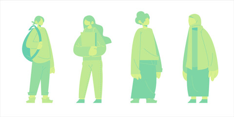 illustration of a person carrying a book and carrying a bag, with a monochromatic color. flat vector illustration. people wear sarongs and hijabs.
 - obrazy, fototapety, plakaty