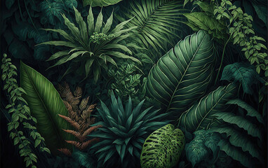 green jungle forest fern background, generative ai