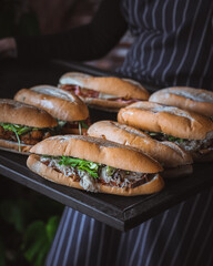 Baguette sandwitch roll sub, gourmet, beef, pastrami, ham, chicken, salad, food styling