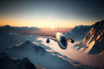 airplane over snowy mountains at sunset, generative ai composite - obrazy, fototapety, plakaty