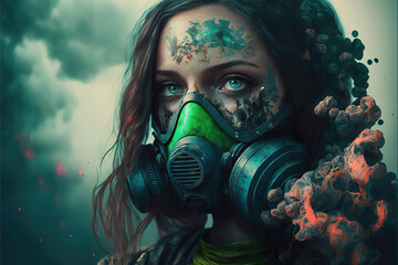portrait of a person in a chemical protection gas mask in a dystopic destroyed nuclear waste background