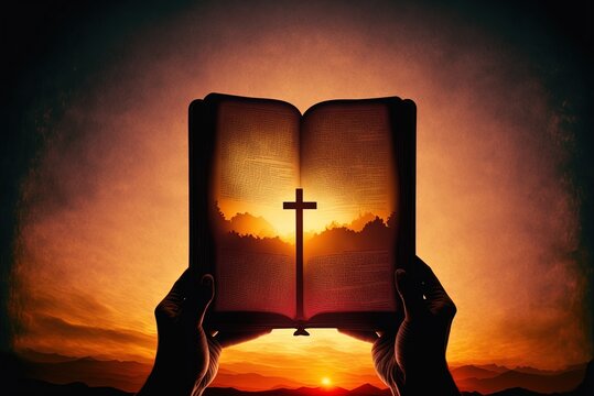 Sunrise silhouette of a human hand clutching a bible and a crucifix. Generative AI