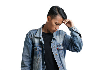 Asian man wearing blue jean jacket has headache or dizzy head. Isolated by white background