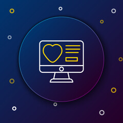 Line Dating app online computer concept icon isolated on blue background. Female male profile flat design. Couple match for relationship. Colorful outline concept. Vector