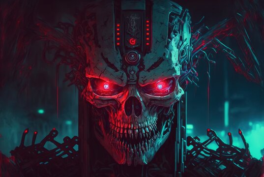 Horrific Cyberpunk Skeleton Skull Monstrosity, Lethal Undead Android Designed To Exterminate Human Life; Fearsome And Brutally Evil Red Glowing Eyes And Sharp Teeth - Generative AI Illustration. 