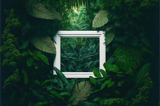 white frame with green leaves and ferns in the background, abstract jungle forest scene, generative ai