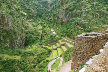 Amazing Ancient Structures Ruins in Pisac Archaeological Complex, Sacred Valley of The Incas, Cusco region, Peru - obrazy, fototapety, plakaty