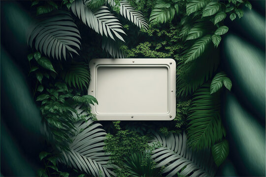 white frame with green leaves and ferns in the background, abstract jungle forest scene, generative ai
