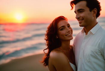 Young couple in love embracing on the beach at sunset on Valentine's Day