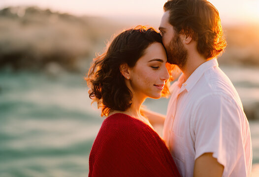 Young couple showing love without borders on the beach on Valentine's Day
