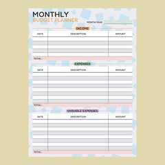 monthly budget planner with black text and abstract cubes on background