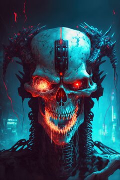 Horrific Cyberpunk Skeleton Skull Monstrosity, Lethal Undead Android Designed To Exterminate Human Life; Fearsome And Brutally Evil Red Glowing Eyes And Sharp Teeth - Generative AI Illustration. 