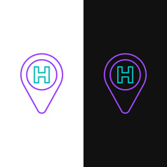 Line Helicopter landing pad icon isolated on white and black background. Helipad, area, platform, H letter. Colorful outline concept. Vector