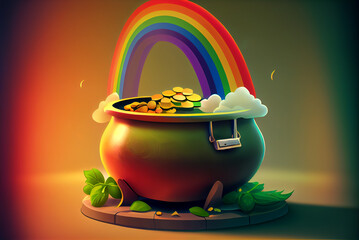 Pot o' Gold and Rainbow, Generative AI Illustration