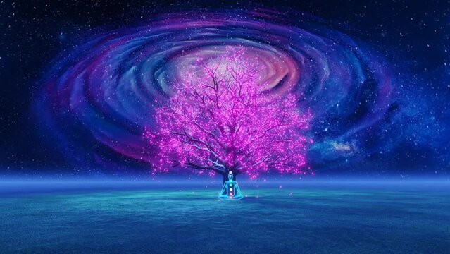 Yogi with chakras sitting below the glowing pink tree with a revolving galaxy in the background