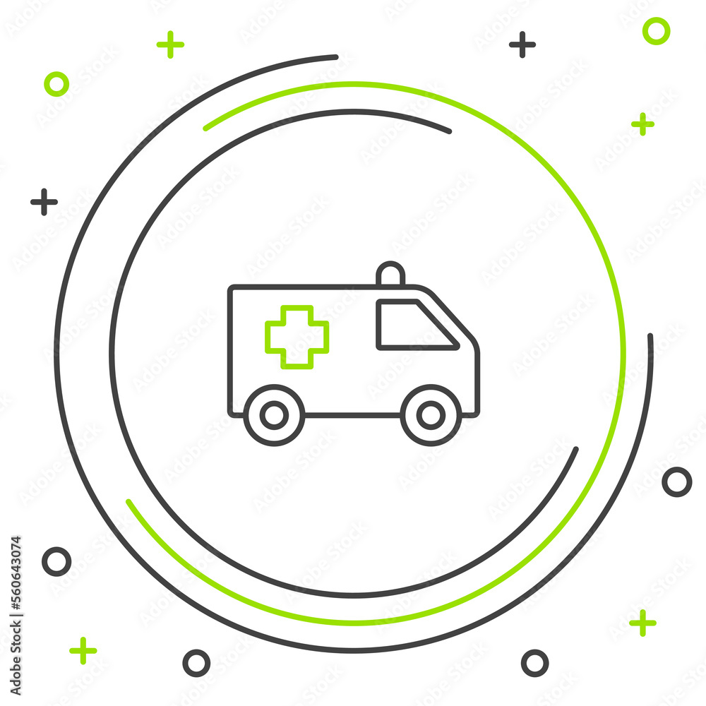 Sticker Line Ambulance and emergency car icon isolated on white background. Ambulance vehicle medical evacuation. Colorful outline concept. Vector