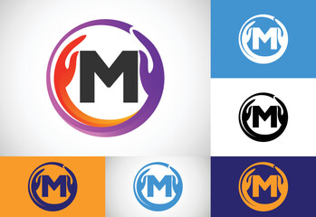 Initial M monogram letter with safe hands. Professional charity teamwork and foundation logo design