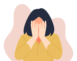 short hair woman covering her face with both hands. shy expression. half body. vector flat colored illustration.