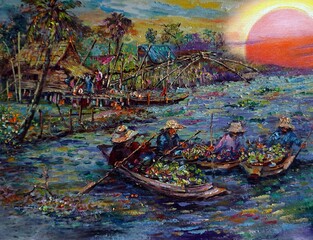 painting Oil color Floating market Thailand , countryside