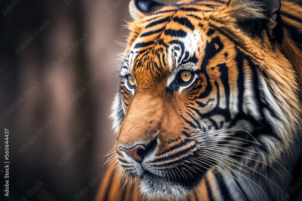 Poster photograph with a narrow depth of field depicting a tiger. generative ai