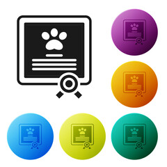 Black Medical certificate for travel with dog or cat icon isolated on white background. Document for pet. Dog or cat paw print. Set icons in color circle buttons. Vector