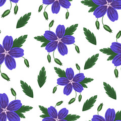 Seamless pattern of blue-purple flowers and leaves with buds on a white background.Vector pattern for wallpaper, screensavers,textiles.