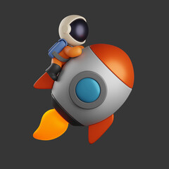 3d illustration of an astronaut on the rocket launched. cute character design