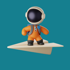 cute astronaut standing on a flying paper airplane. 3d render illustration